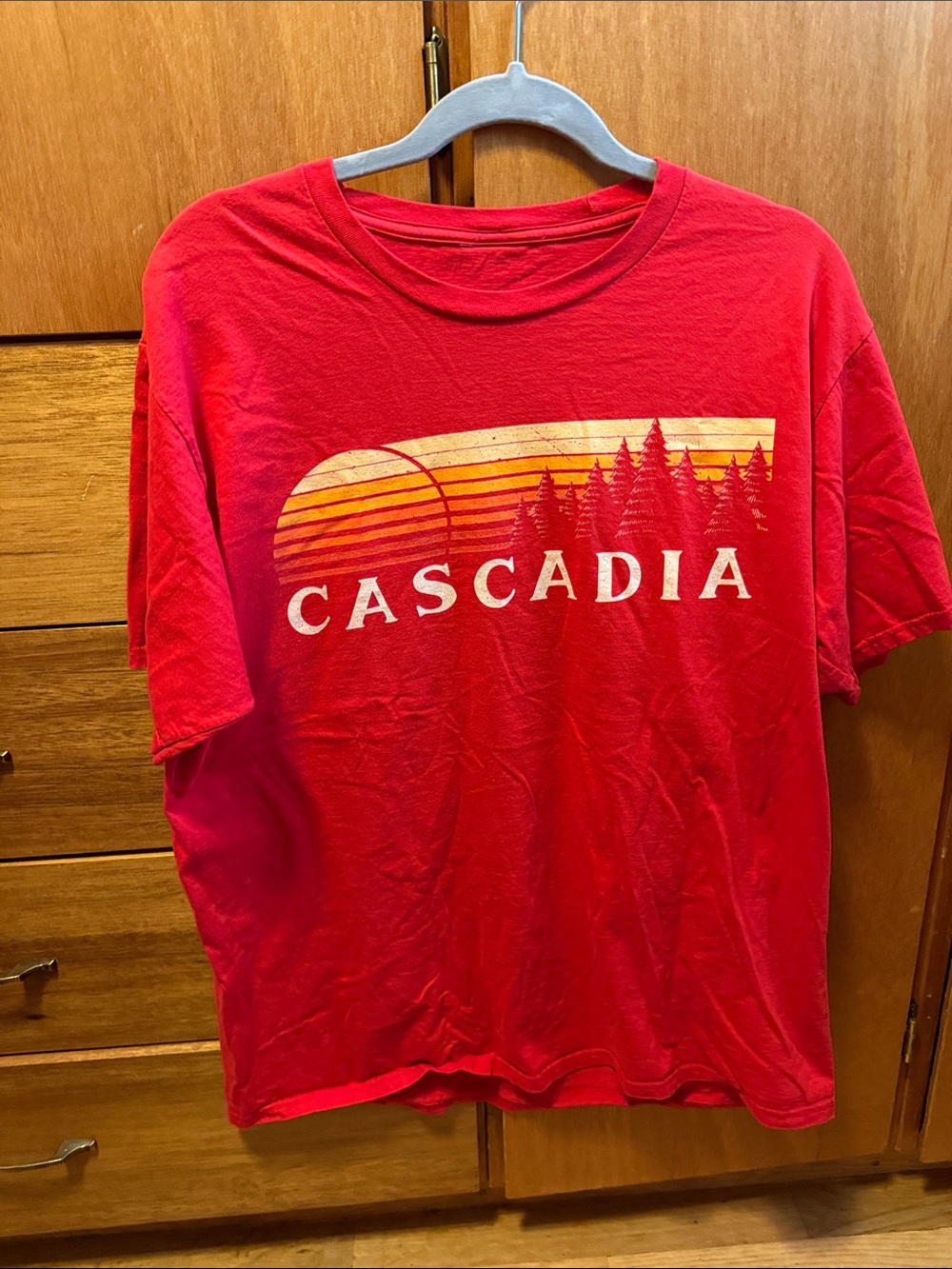 Cascadia Graphic Tee in Red with Sunset Trees